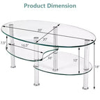 Table basse ovale en verre trempé avec étagère latérale de rangement et pieds en métal 89 x 51 cm Transparent