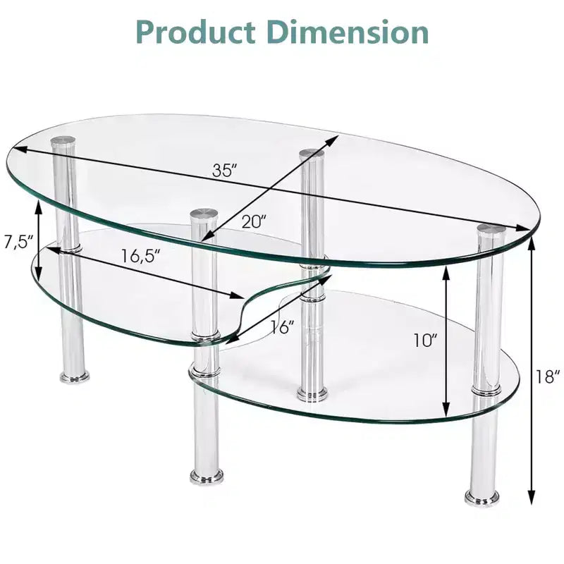 Table basse ovale en verre trempé avec étagère latérale de rangement et pieds en métal 89 x 51 cm Transparent