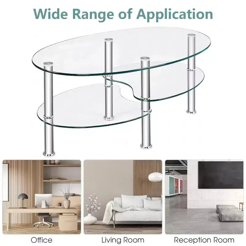 Table basse ovale en verre trempé avec étagère latérale de rangement et pieds en métal 89 x 51 cm Transparent