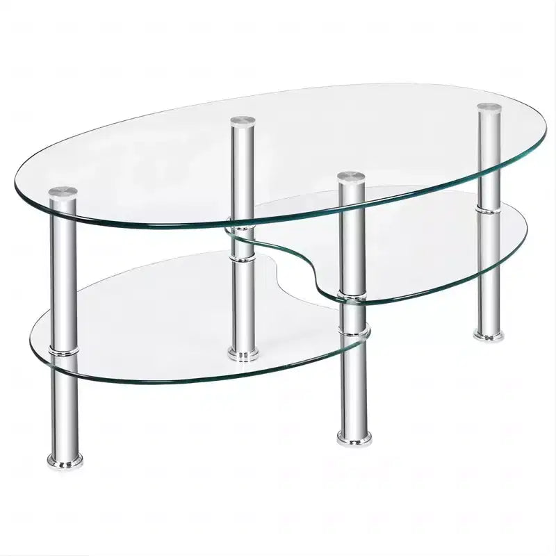 Table basse ovale en verre trempé avec étagère latérale de rangement et pieds en métal 89 x 51 cm Transparent
