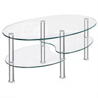 Table basse ovale en verre trempé avec étagère latérale de rangement et pieds en métal 89 x 51 cm Transparent