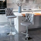 Tabourets de bar pivotants en velours, tabourets de bar modernes rembourrés avec base chromée et dossier capitonné confortables pour la maison, le pub et l'îlot de cuisine - Lot de 2