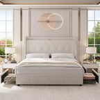 Garvee Upholstered Bed Frame with Charging Station & Wingback/4 Storage Drawers,No Box Spring Needed,Mattress Foundation,Easy Assembly,Beige