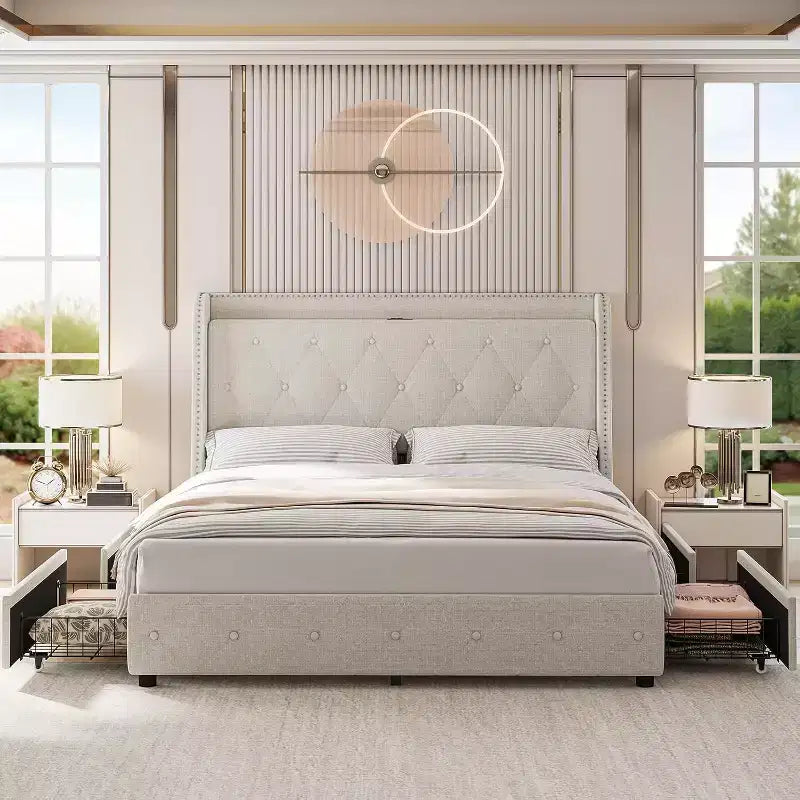 Garvee Upholstered Bed Frame with Charging Station & Wingback/4 Storage Drawers,No Box Spring Needed,Mattress Foundation,Easy Assembly,Beige