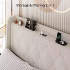 Cadre de lit rembourré Garvee avec station de charge et tête de lit à oreilles/4 tiroirs de rangement, sommier tapissier non requis, base de matelas, assemblage facile, beige