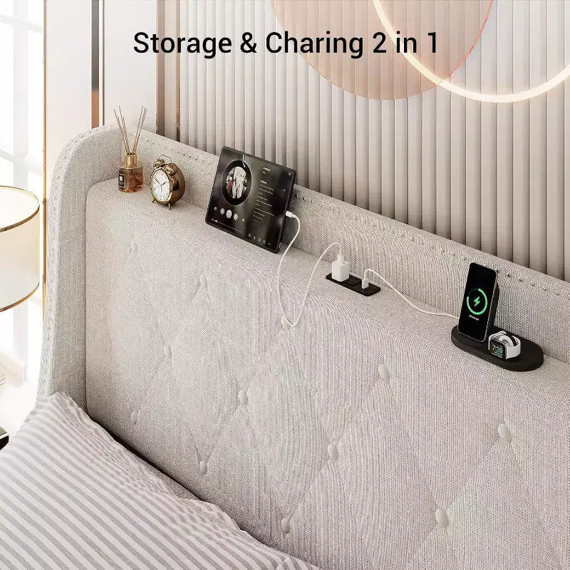 Cadre de lit rembourré Garvee avec station de charge et tête de lit à oreilles/4 tiroirs de rangement, sommier tapissier non requis, base de matelas, assemblage facile, beige