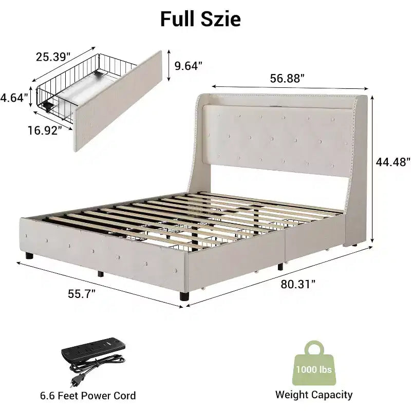 Cadre de lit rembourré Garvee avec station de charge et tête de lit à oreilles/4 tiroirs de rangement, sommier tapissier non requis, base de matelas, assemblage facile, beige