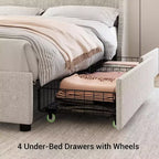 Cadre de lit rembourré Garvee avec station de charge et tête de lit à oreilles/4 tiroirs de rangement, sommier tapissier non requis, base de matelas, assemblage facile, beige