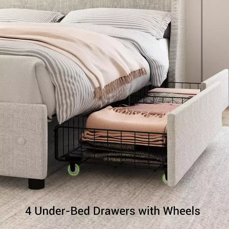 Cadre de lit rembourré Garvee avec station de charge et tête de lit à oreilles/4 tiroirs de rangement, sommier tapissier non requis, base de matelas, assemblage facile, beige