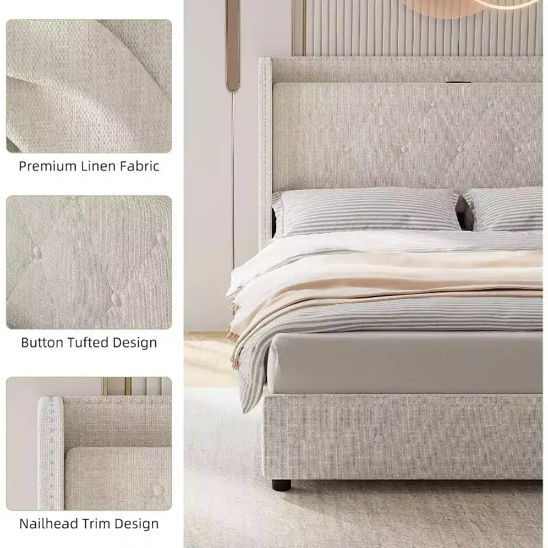 Cadre de lit rembourré Garvee avec station de charge et tête de lit à oreilles/4 tiroirs de rangement, sommier tapissier non requis, base de matelas, assemblage facile, beige