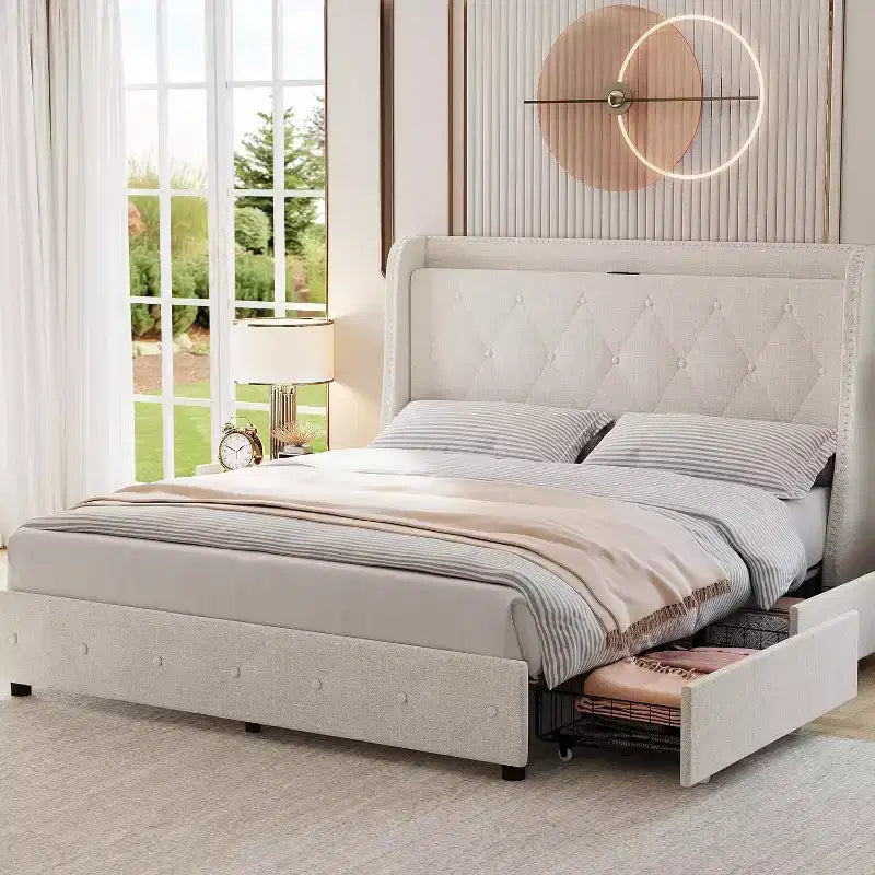 Cadre de lit rembourré Garvee avec station de charge et tête de lit à oreilles/4 tiroirs de rangement, sommier tapissier non requis, base de matelas, assemblage facile, beige