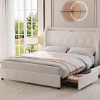 Cadre de lit rembourré Garvee avec station de charge et tête de lit à oreilles/4 tiroirs de rangement, sommier tapissier non requis, base de matelas, assemblage facile, beige