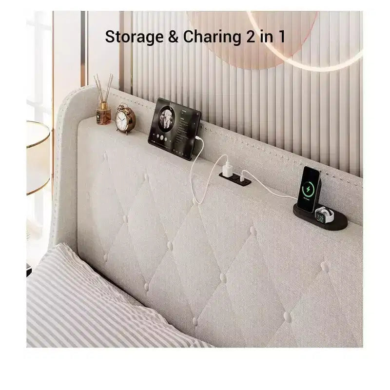 Cadre de lit rembourré Garvee avec station de charge et tête de lit à oreilles/4 tiroirs de rangement, sommier tapissier non requis, base de matelas, assemblage facile, beige
