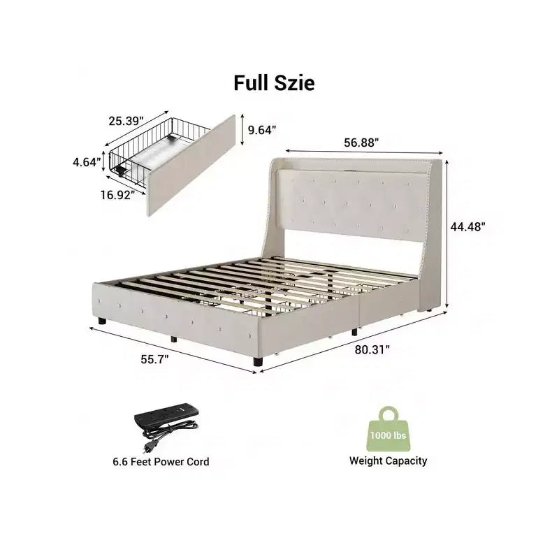 Cadre de lit rembourré Garvee avec station de charge et tête de lit à oreilles/4 tiroirs de rangement, sommier tapissier non requis, base de matelas, assemblage facile, beige