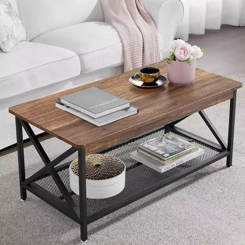 Table basse industrielle VECELO en bois avec étagères ouvertes et rangement, cadre en X, rectangulaire