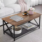 Table basse industrielle VECELO en bois avec étagères ouvertes et rangement, cadre en X, rectangulaire