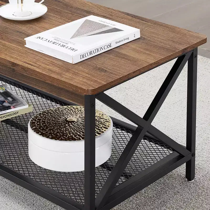 Table basse industrielle VECELO en bois avec étagères ouvertes et rangement, cadre en X, rectangulaire