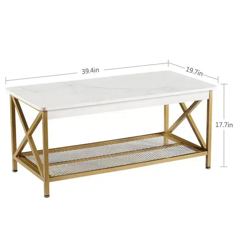 Table basse industrielle VECELO en bois avec étagères ouvertes et rangement, cadre en X, rectangulaire