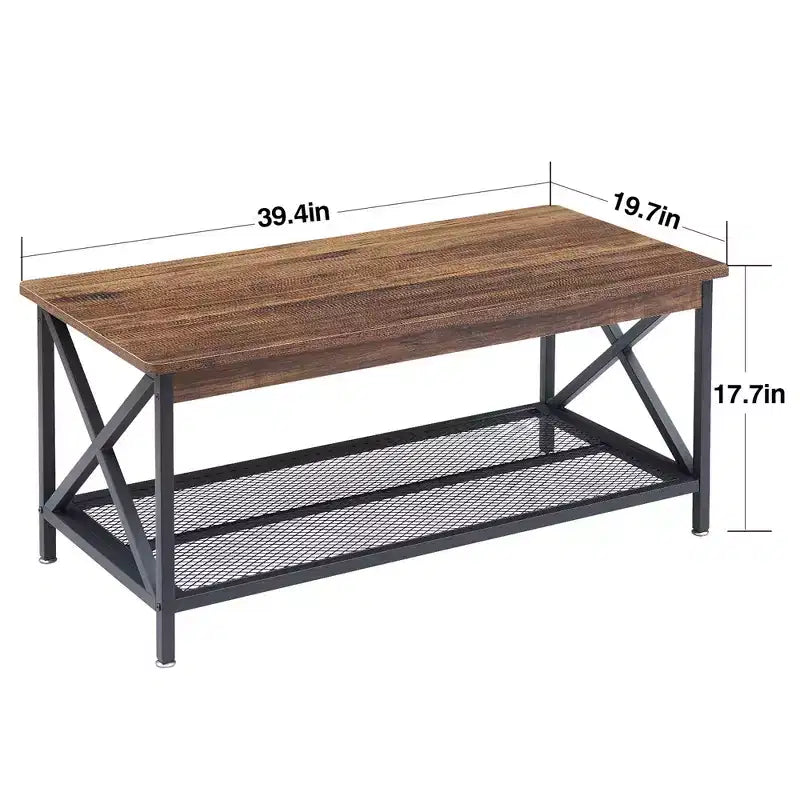 Table basse industrielle VECELO en bois avec étagères ouvertes et rangement, cadre en X, rectangulaire