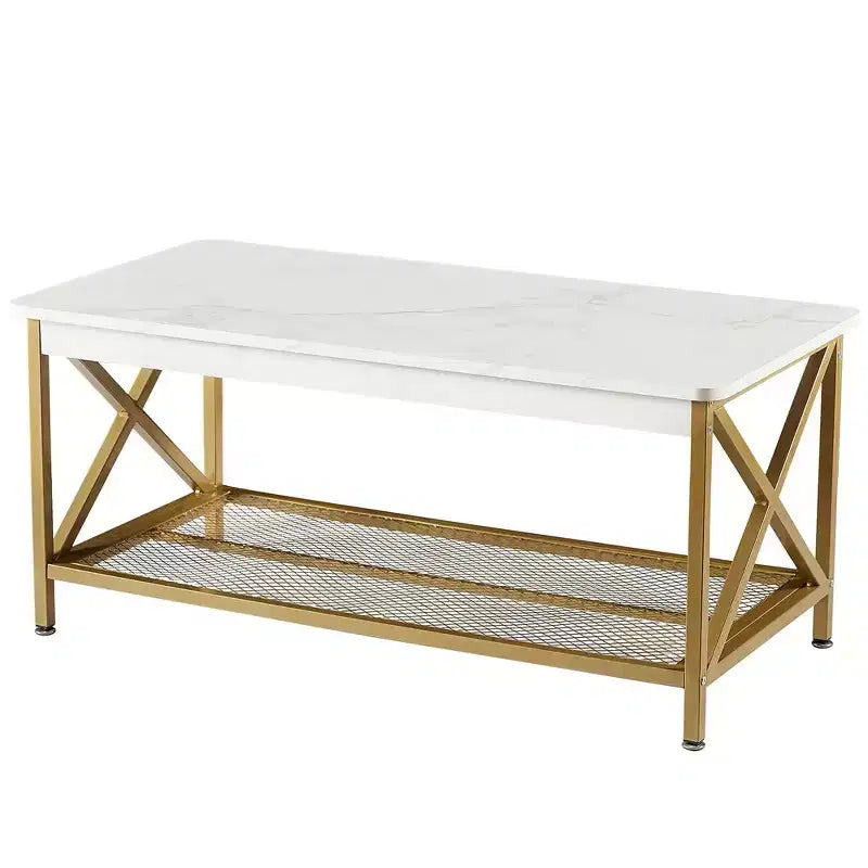 Table basse industrielle VECELO en bois avec étagères ouvertes et rangement, cadre en X, rectangulaire