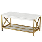 Table basse industrielle VECELO en bois avec étagères ouvertes et rangement, cadre en X, rectangulaire