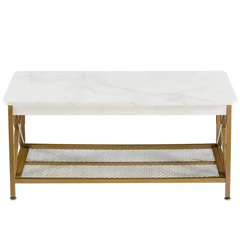 Table basse industrielle VECELO en bois avec étagères ouvertes et rangement, cadre en X, rectangulaire