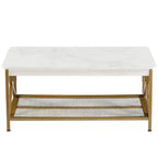Table basse industrielle VECELO en bois avec étagères ouvertes et rangement, cadre en X, rectangulaire