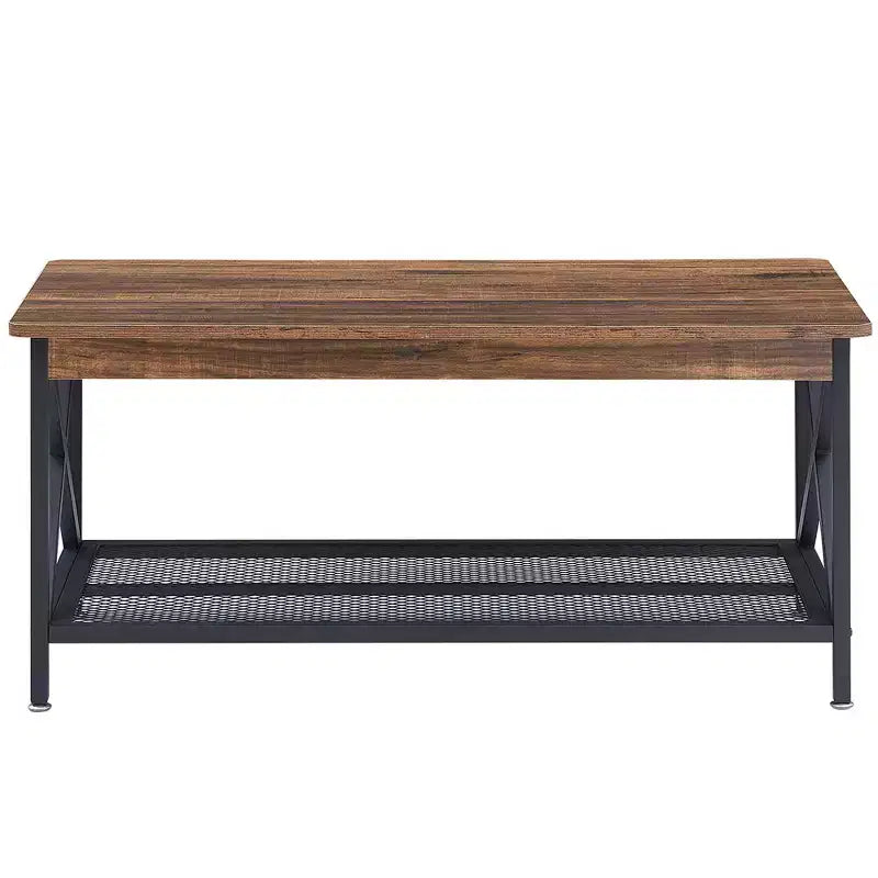 Table basse industrielle VECELO en bois avec étagères ouvertes et rangement, cadre en X, rectangulaire
