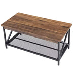 Table basse industrielle VECELO en bois avec étagères ouvertes et rangement, cadre en X, rectangulaire