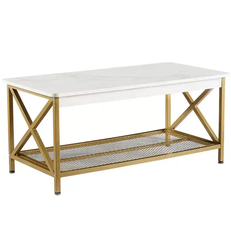 Table basse industrielle VECELO en bois avec étagères ouvertes et rangement, cadre en X, rectangulaire