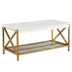 Table basse industrielle VECELO en bois avec étagères ouvertes et rangement, cadre en X, rectangulaire
