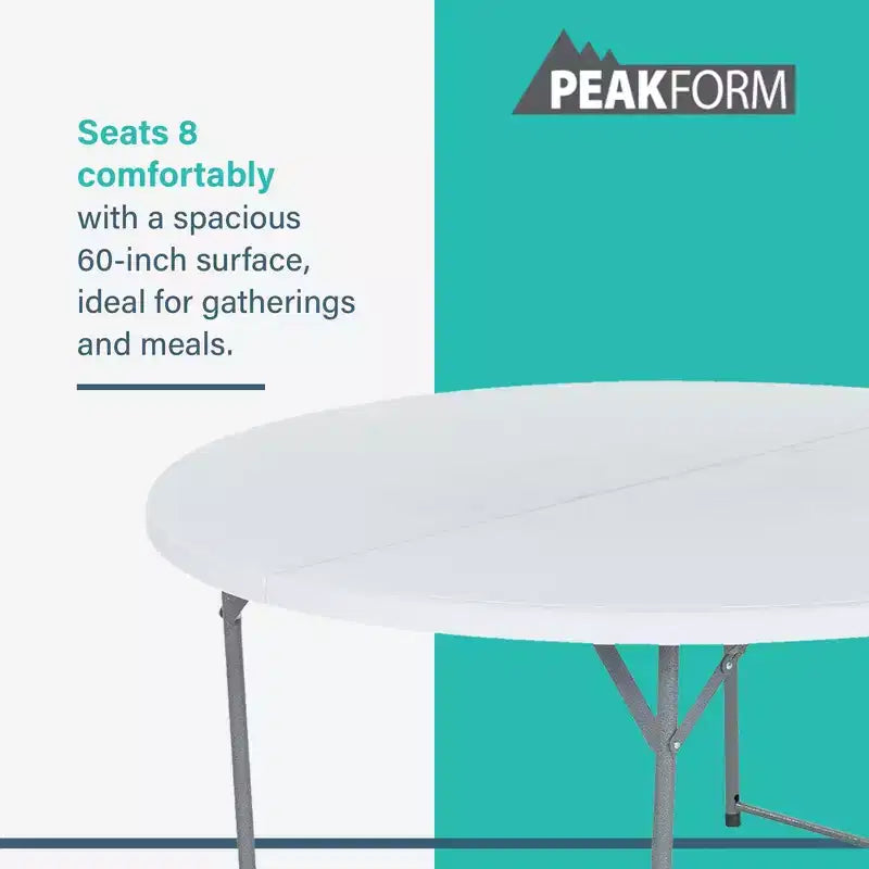 Table de banquet ronde polyvalente Peakform, légère, durable et pliable avec base sécurisée pour événements intérieurs et extérieurs, 60 pouces, blanc