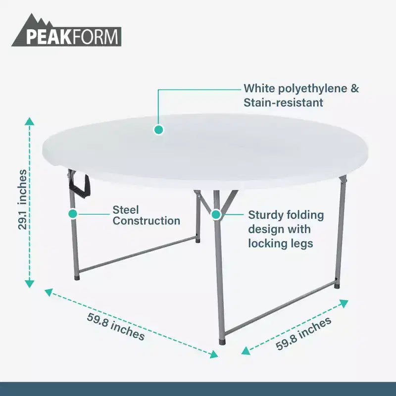 Table de banquet ronde polyvalente Peakform, légère, durable et pliable avec base sécurisée pour événements intérieurs et extérieurs, 60 pouces, blanc