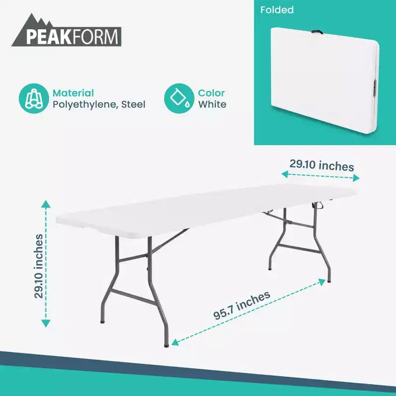 Table pliante Peakform Multipurpose Banquet en deux, légère et durable avec base sécurisée pour événements intérieurs et extérieurs, 8 pieds, blanche