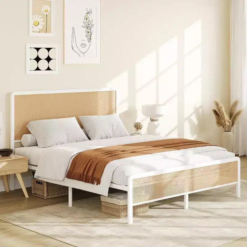 Whizmax Rattan Bed Frame with Led Light Headboard, Bohemian Style Cane Boho Bed Frames with Heavy Duty Steel Slat Support, No Box Spring Needed, White