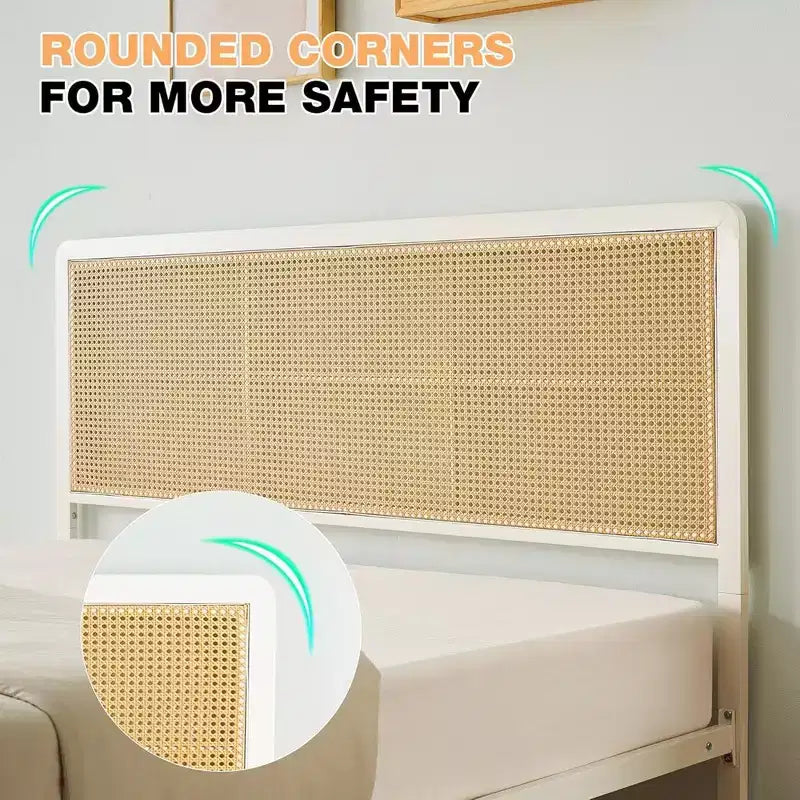 Cadre de lit en rotin Whizmax avec tête de lit lumineuse à LED, lits bohèmes en canne de style bohème avec support de lattes en acier robuste, pas besoin de sommier tapissier, blanc