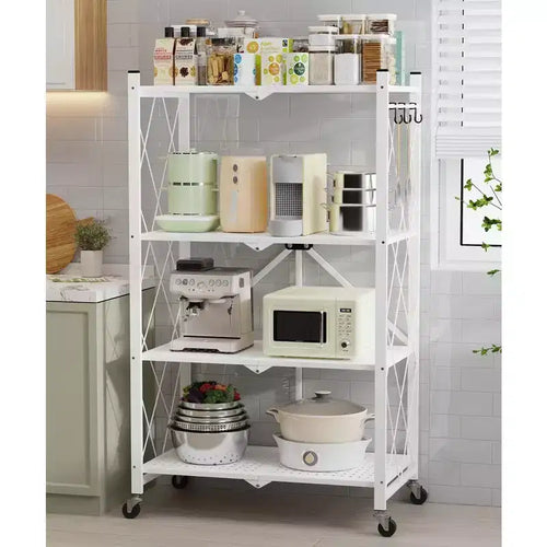 4-Tier Foldable Metal Storage Shelf with Side Hooks Heavy Duty Kitchen Organizer Rack White