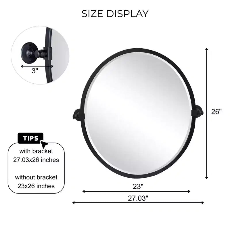 TEHOME Javel Miroir Ovale Inclinable de Salle de Bain avec Cadre en Métal Noir, Miroir Mural Biseauté, Dimensions Totales 27,03 x 26 pouces (Miroir 23 x 26 pouces)
