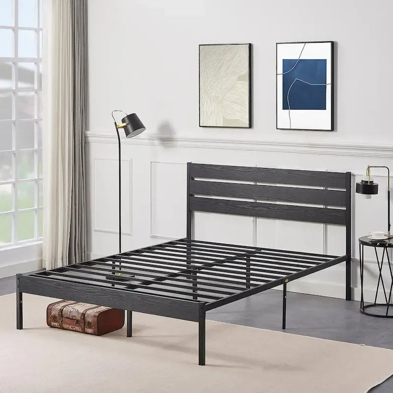 Cadre de lit plateforme en métal noir avec tête de lit aspect bois et lattes en acier – Lit simple, double ou grand