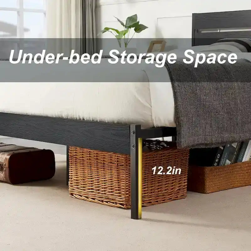 Cadre de lit plateforme en métal noir avec tête de lit aspect bois et lattes en acier – Lit simple, double ou grand