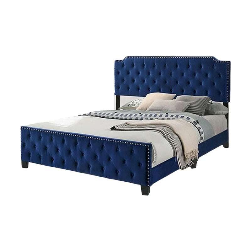 Lit capitonné California King bleu marine avec tête de lit capitonnée et garniture cloutée – Matelas non inclus