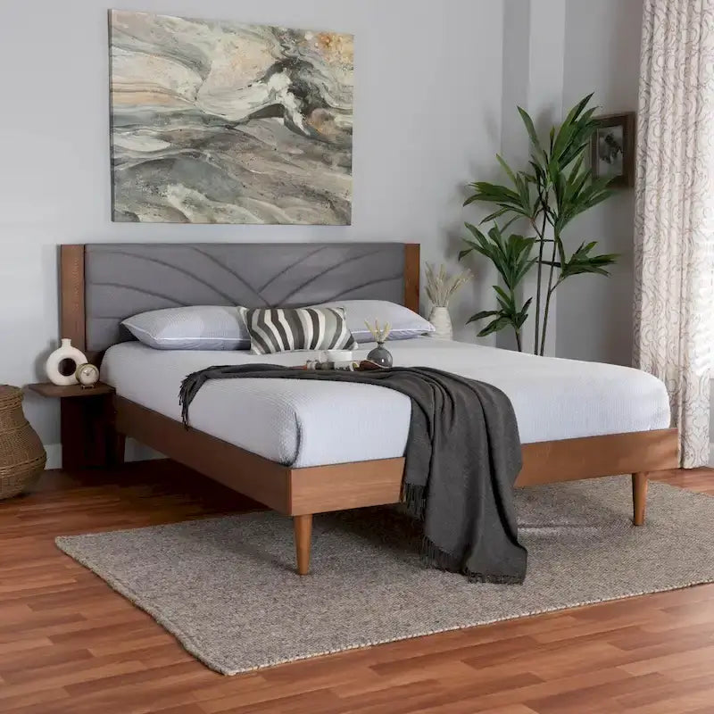 
                            Hemera Mid-Century Modern Grey Fabric and Walnut Brown Wood Queen Size Platform Bed With Floating Side Table
                          