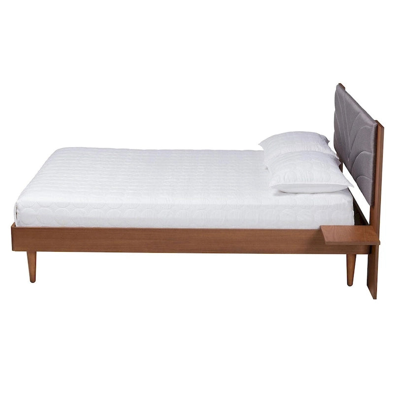 Lit plateforme capitonné cannelé de style Mid-Century Gris / Noyer avec tables de chevet flottantes – Grand lit ou Très grand lit