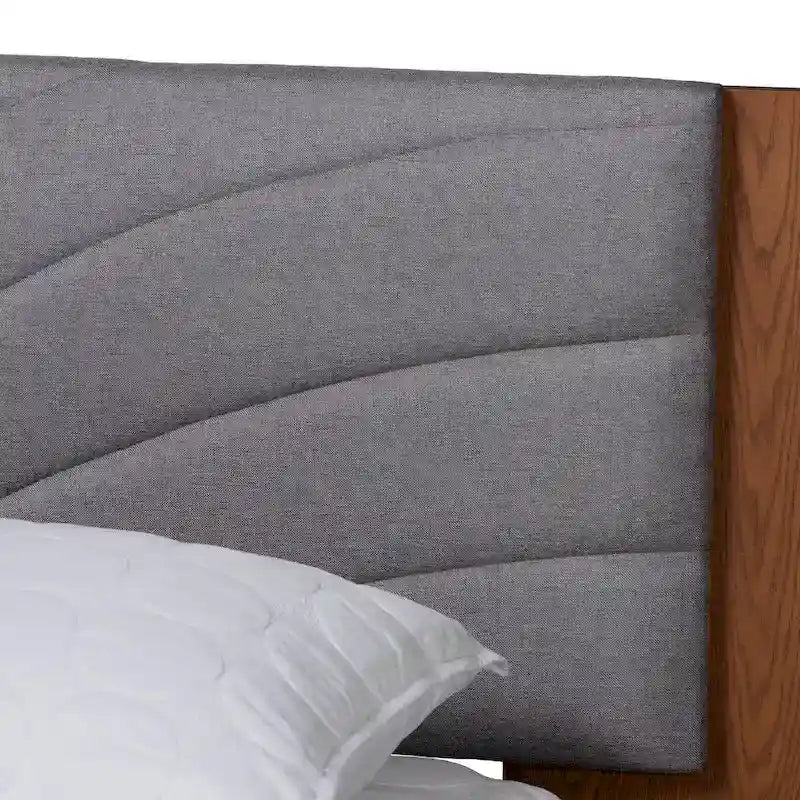 Lit plateforme capitonné cannelé de style Mid-Century Gris / Noyer avec tables de chevet flottantes – Grand lit ou Très grand lit