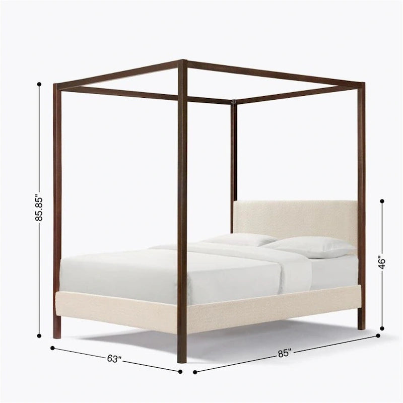 Lit plateforme tapissé à baldaquin Queen Size blanc crème avec tête de lit en bouclette – Matelas non inclus