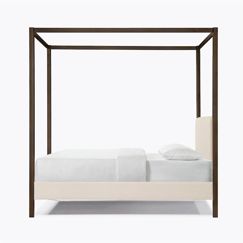 Lit plateforme tapissé à baldaquin Queen Size blanc crème avec tête de lit en bouclette – Matelas non inclus