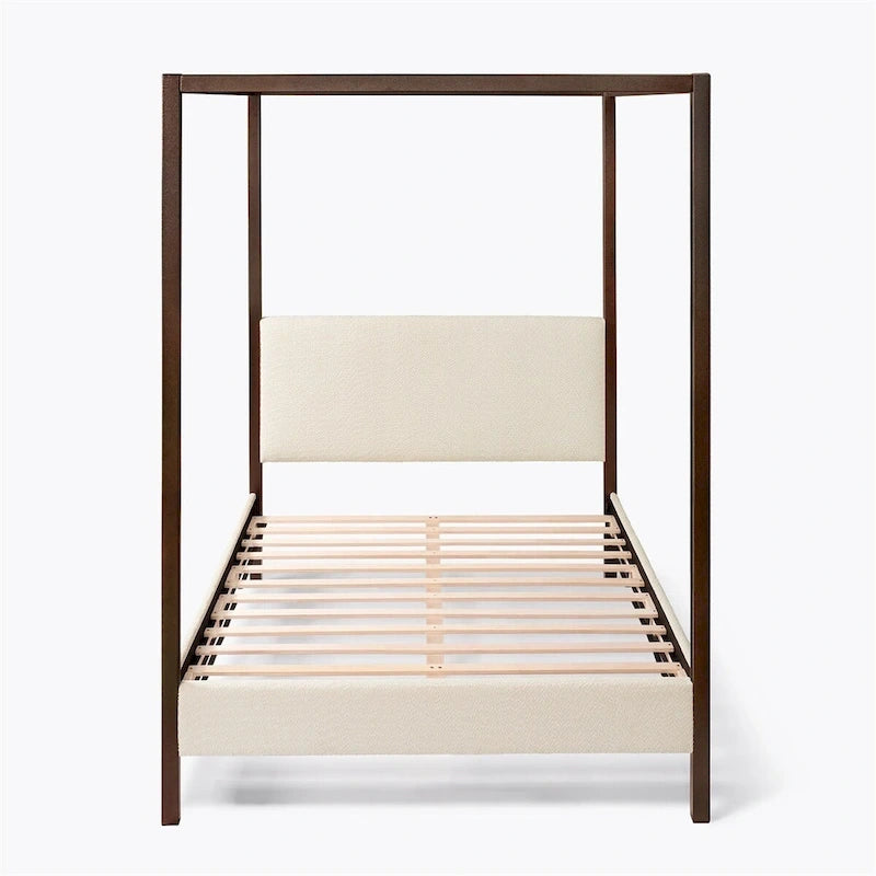 Lit plateforme tapissé à baldaquin Queen Size blanc crème avec tête de lit en bouclette – Matelas non inclus