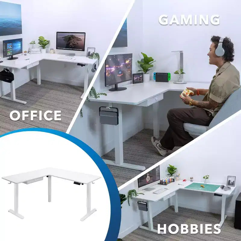 Mount-It! Grand bureau d'angle électrique réglable en hauteur, bureau debout automatique avec réglage en hauteur ergonomique et fluide, cadre en acier, blanc
