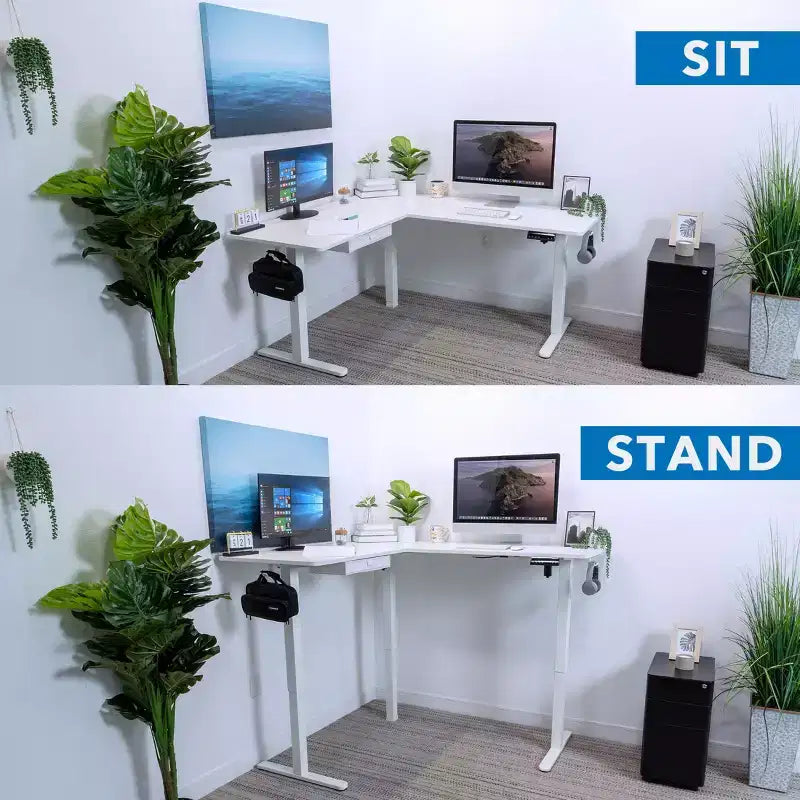 Mount-It! Grand bureau d'angle électrique réglable en hauteur, bureau debout automatique avec réglage en hauteur ergonomique et fluide, cadre en acier, blanc
