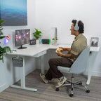 Mount-It! Grand bureau d'angle électrique réglable en hauteur, bureau debout automatique avec réglage en hauteur ergonomique et fluide, cadre en acier, blanc